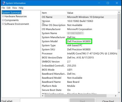 dell laptop model number in system information tab