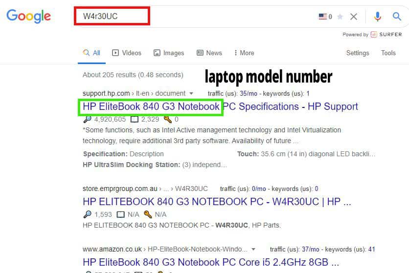laptop model number search in google