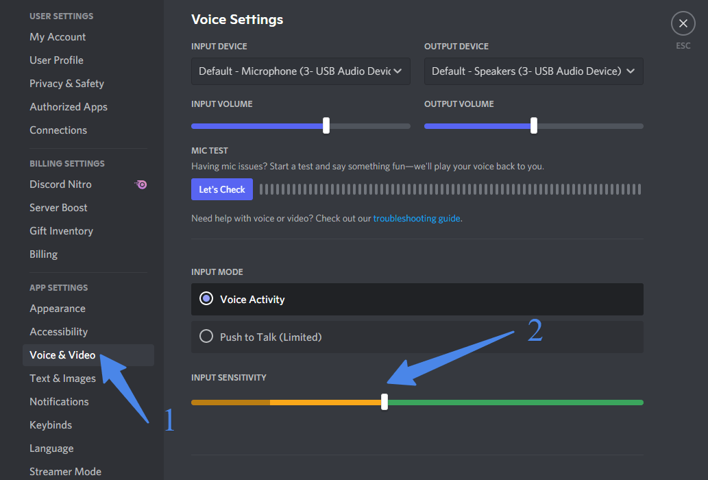 Voice and Video in discord for microphone sensitivity control