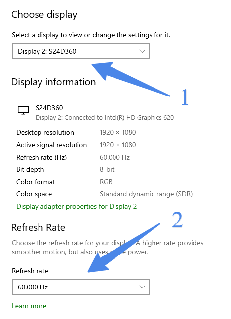 change refresh rate of display in dual monitor setup