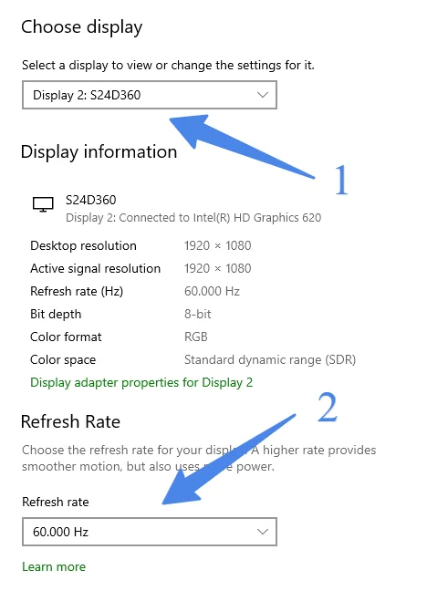 change refresh rate of display in dual monitor setup