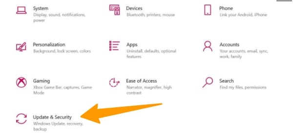 update and security option in windows 10