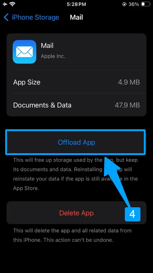 Tap on offload to clear the mail app cache