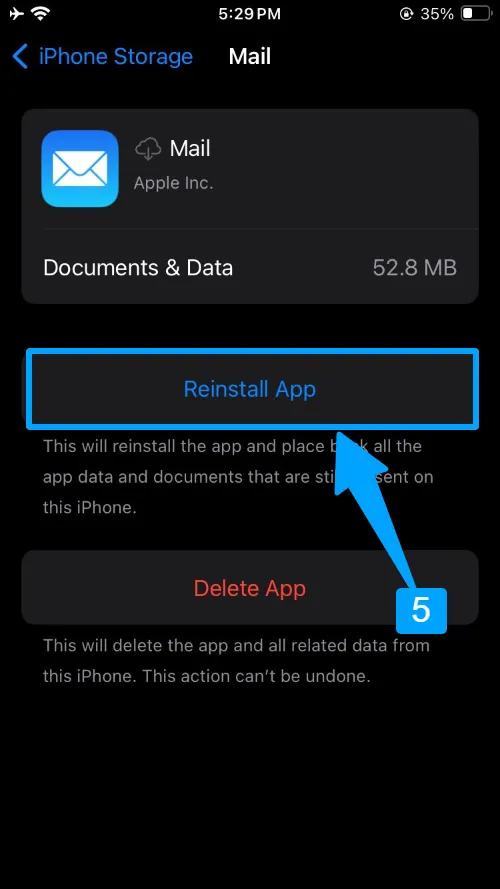 Tap on reinstall to reinstall the mail app