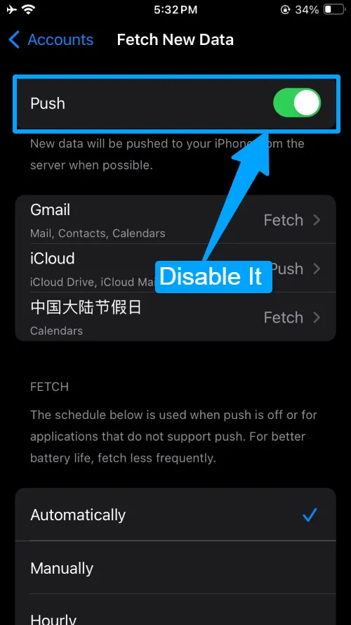disable the push email option