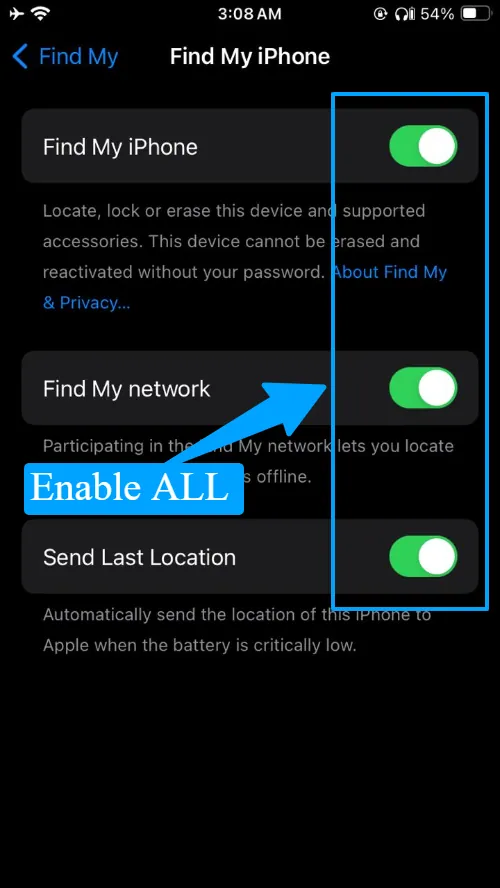 enable Find my network and Send last location