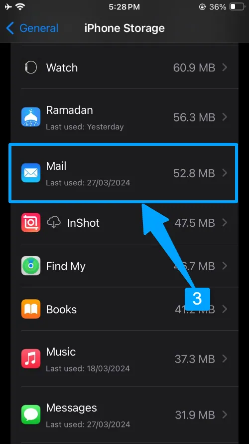 scroll down in iphone storage and find mail app