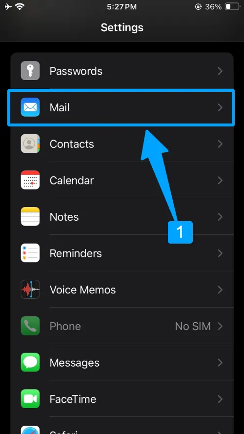 tap on mail app for account delete in iphone
