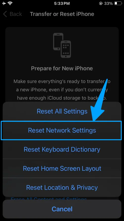 tap on reset network settings