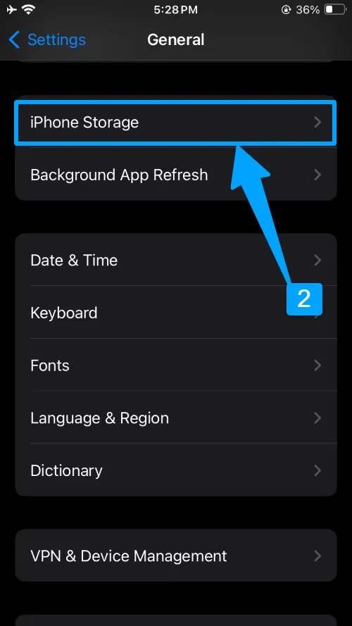 then tap on iPhone Storage
