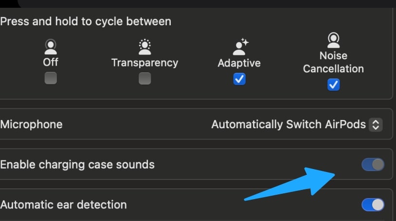 change the enable charging case sound from mac