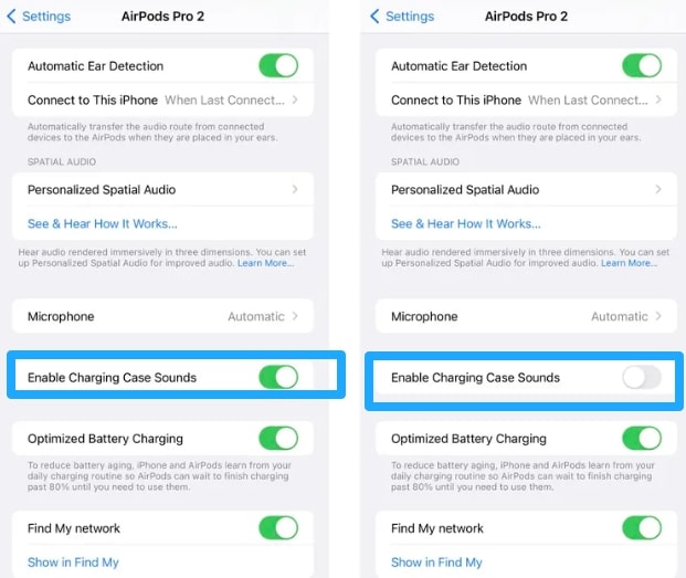 turn off and on enable charging case sound option