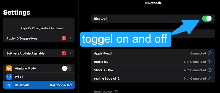 toggel bluetooth on and off for apple pencil connectivity issue